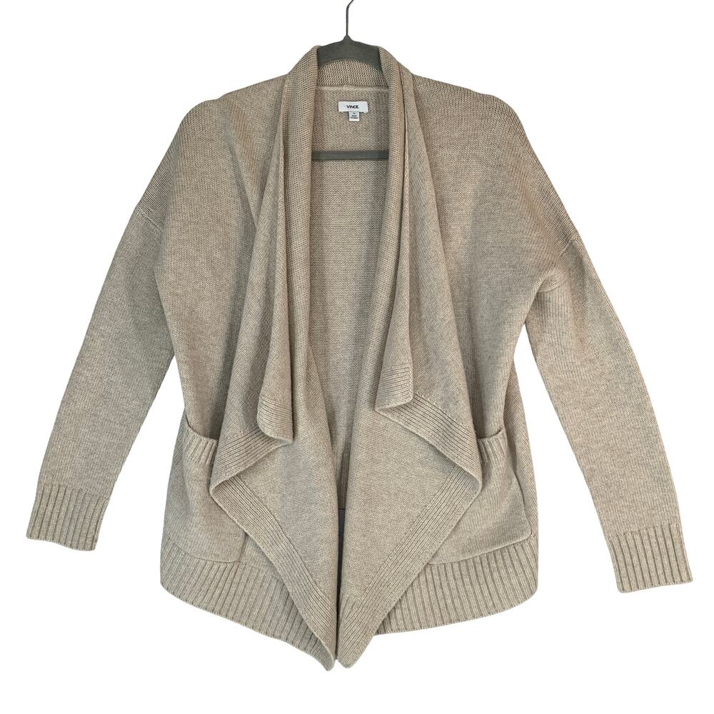 Vince Women Cardigan XS Beige Oatmeal Wool Cashmere Blend Waterfall Knit Luxe
